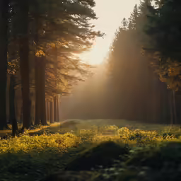 the light is shining in a clearing with tall trees and yellow flowers