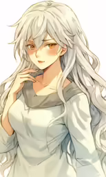 the white haired girl in the grey outfit looks down at something