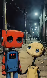 two cartoon characters walking in the street at night