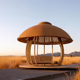 an outdoor sofa sitting in front of a round structure
