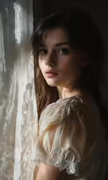 a woman is looking out a window and posing