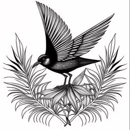 a black and white bird sits on top of a plant,a drawing of a black bird with white wings and flowers