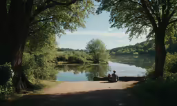 a person is sitting on the bank of a river