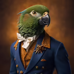 a green bird wearing blue in front of a brown background