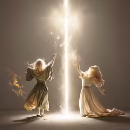 two women in dresses dance beneath a large pillar