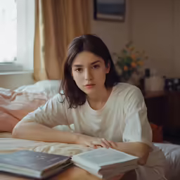 a woman sitting in a bed with a book on it