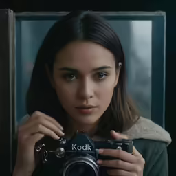 a girl in an interior holds a camera