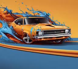 a painting of a car on top of a surfboard,a car covered in blue paint and water