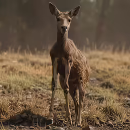 an animal standing in the middle of a dry grass field