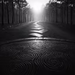 black and white photo of an ornate path