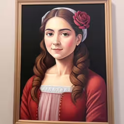painting of a girl with long hair and flower in hair,a painting of a woman in a red shirt