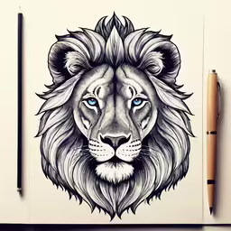 a drawing of a lion with blue eyes