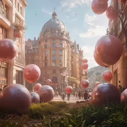 a group of balloons floating next to buildings