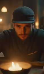 man with a hat staring at something by a lit lamp