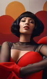 an attractive woman wearing a sheer top and red dress