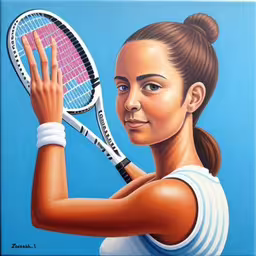 a painting of a woman holding a tennis racquet,a painting of a woman holding a tennis racket
