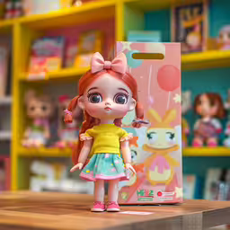 a little girl doll standing next to a doll display case,a doll with an orange hair and a bow