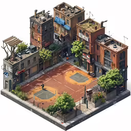 a low polygonal rendering of buildings with court