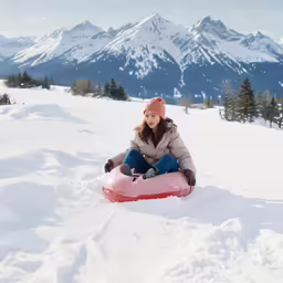 girl on a sled is ready to go down a snowy slope