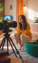 a girl squatting down and looking at her phone