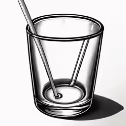 an artistic black and white drawing of a glass with an empty straw