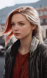 a woman in a leather jacket with her hair blowing back