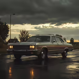 an old, worn down car with a broken hood sits in the street