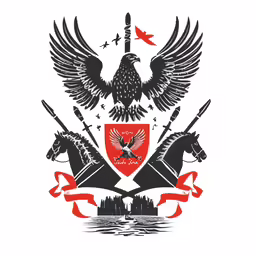 an eagle sits atop two horses, while the other two are in red