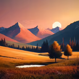 a painting of mountains and a stream, surrounded by trees,a scenic landscape of a mountain range at sunset