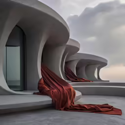 a concrete building with four cement columns, a draped cloth on the ground, and a sky background
