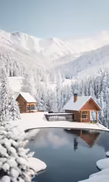 a small pool sitting in front of snow covered mountains