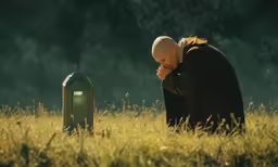 an image of a man squatting down in the grass