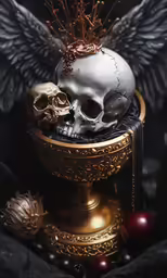 the art is depicting a golden bowl and a silver skull