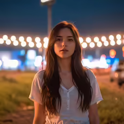 a girl stands in front of the lights of a street