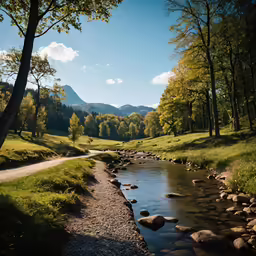 the small river flows through a grassy field