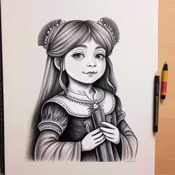 the drawing is ready to be painted,a drawing of a little girl in a medieval dress with her hair pulled back, wearing a tiara and holding a key to her chest