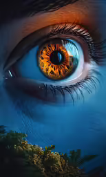 an orange eyeshade with blue makeup and sunlit leaves