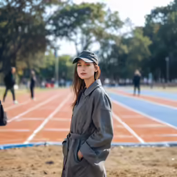 a woman is standing alone near a line of people