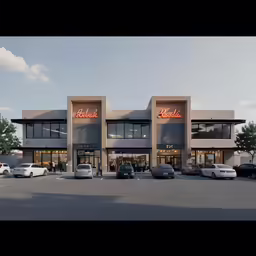a rendering of an open store in a parking lot