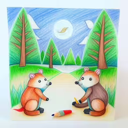 two teddy bears sit side by side with one holding pencils and one looking at the drawing