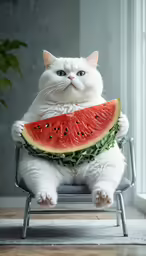 a cat with a piece of watermelon on its lap