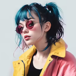 a young girl with blue and green hair in a yellow jacket