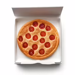 a pepperoni pizza in a box on a white background