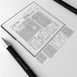 a pen and a paper with plans laid out on a table