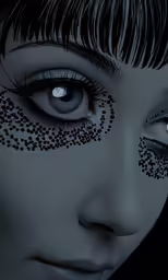 a close up of a woman with large eyes
