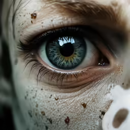 the eye has blood all over it and on it