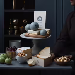 two tiered display of cheese and crackers next to a plate of fruit and bread