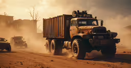 two army trucks driving across a desert road,two army vehicles, one large and one small, drive down a dusty dirt road