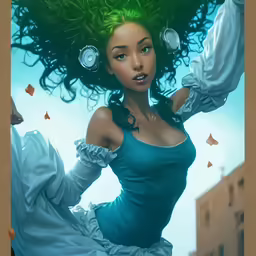 a woman with curly hair stands in a blue dress