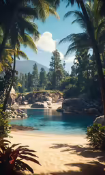 a view of a tropical beach that is completely covered in sand and palms
